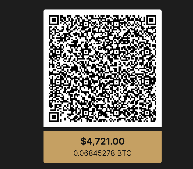 Bitcoin QR Code - $4,721.00 / 0.06845278 BTC